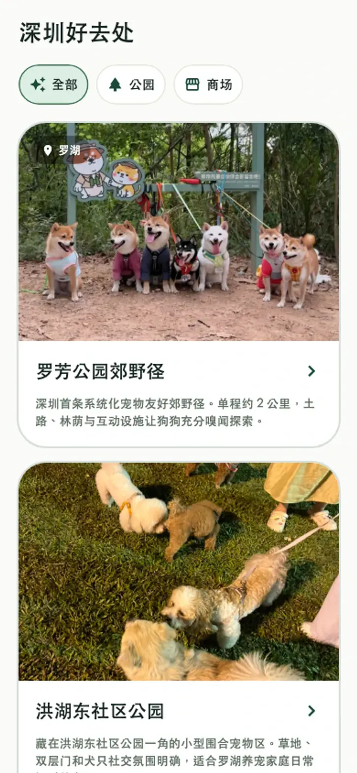 毛球 App 探索宠物友好去处页面