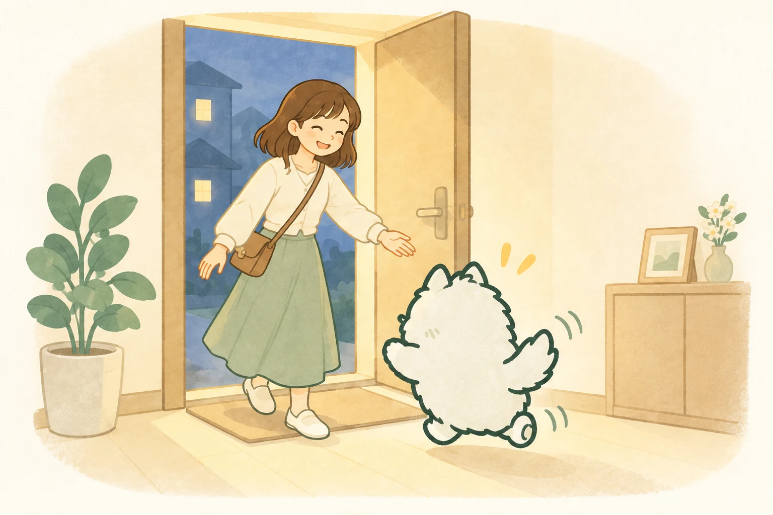 夜晚女主人回到家，毛球开心地从客厅跑来迎接